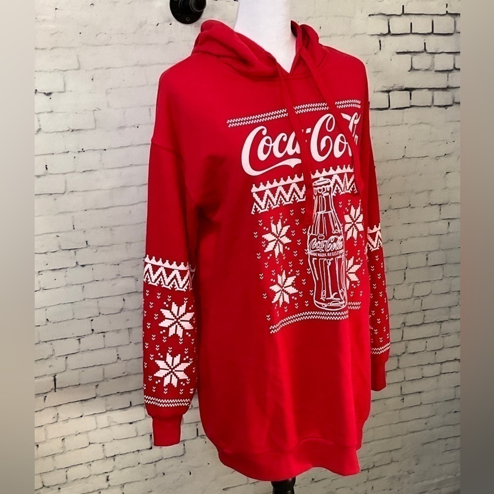 Coca Cola Womens Red Holiday Long Sleeve‎ Hooded Graphic Sweatshirt Dress S H2 - Picture 2 of 11
